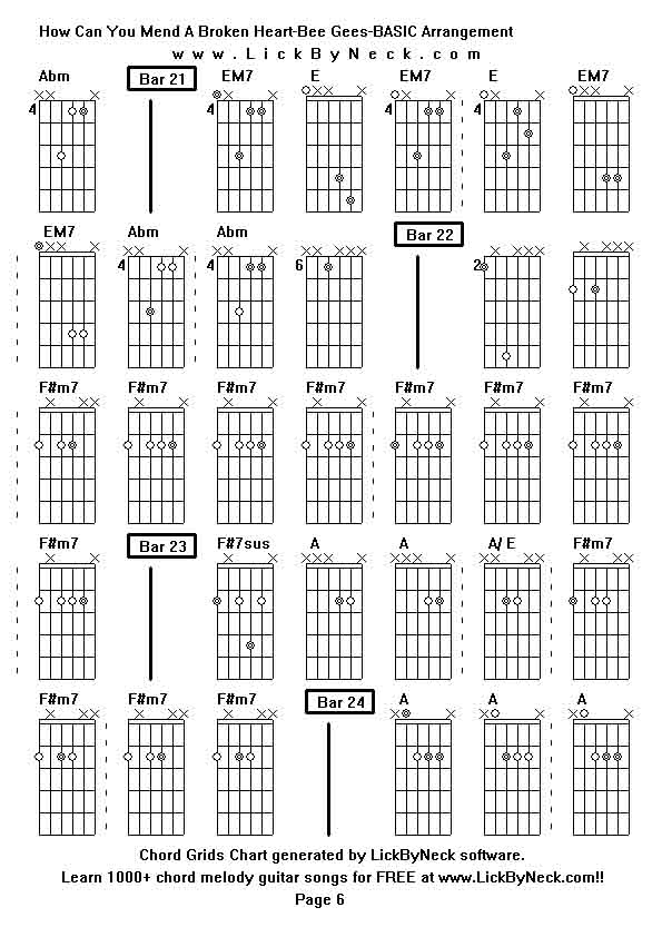 Chord Grids Chart of chord melody fingerstyle guitar song-How Can You Mend A Broken Heart-Bee Gees-BASIC Arrangement,generated by LickByNeck software.